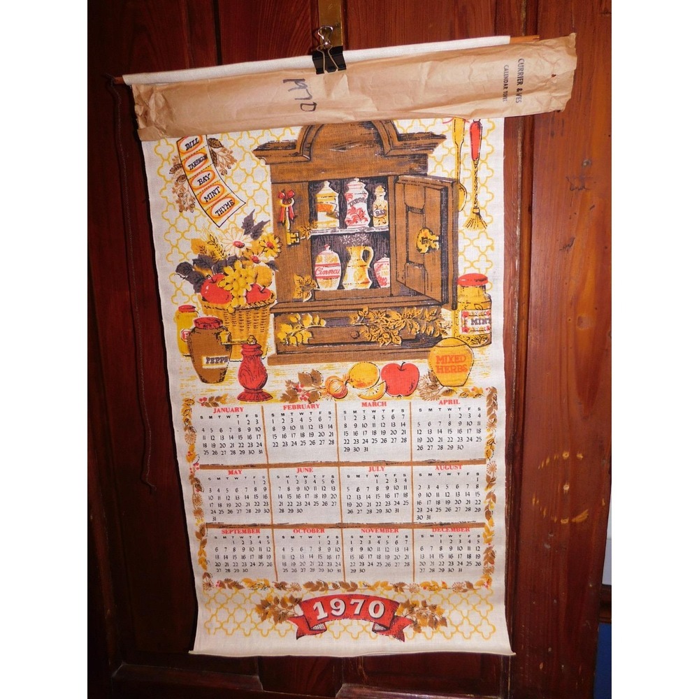 Vintage 1970 Currier & Ives Linen Calendar Tea Towel Spices